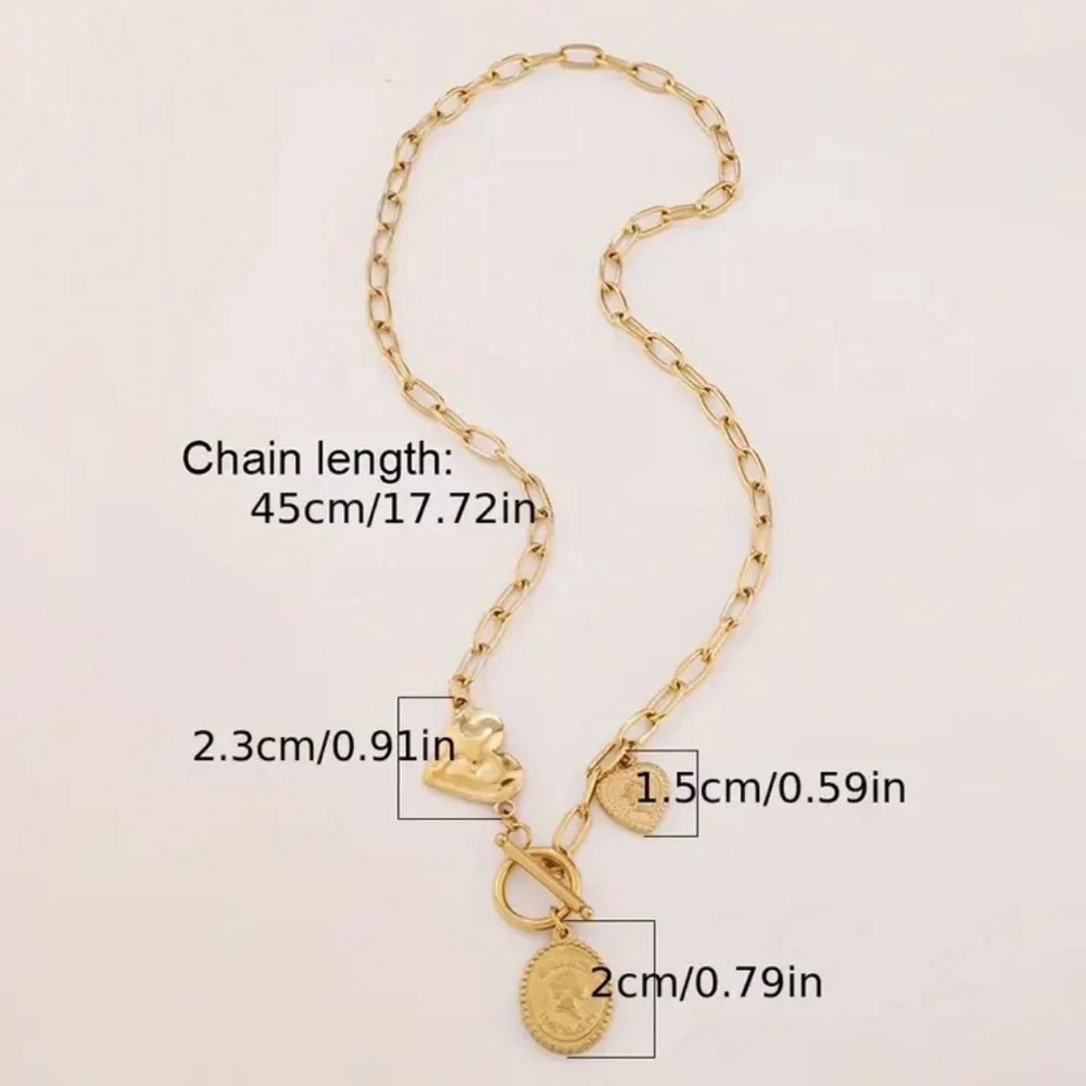 Stainless Steel Vintage Coin & Heart Charm - Golden-Tone 3-Pendant Layered Chain - Picture 4 of 4